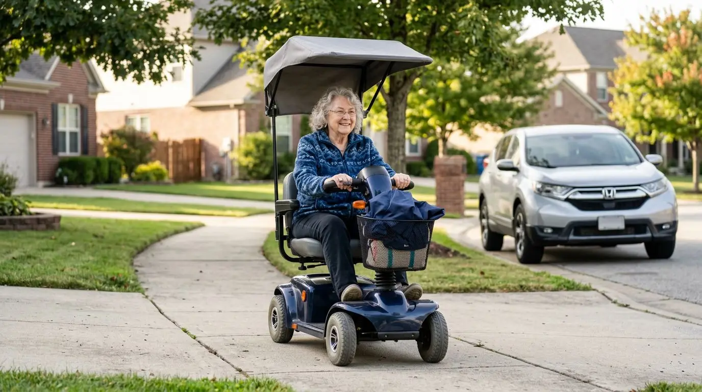 Older adult on a mobility scooter with weather accessories including a sun canopy and tiller cover