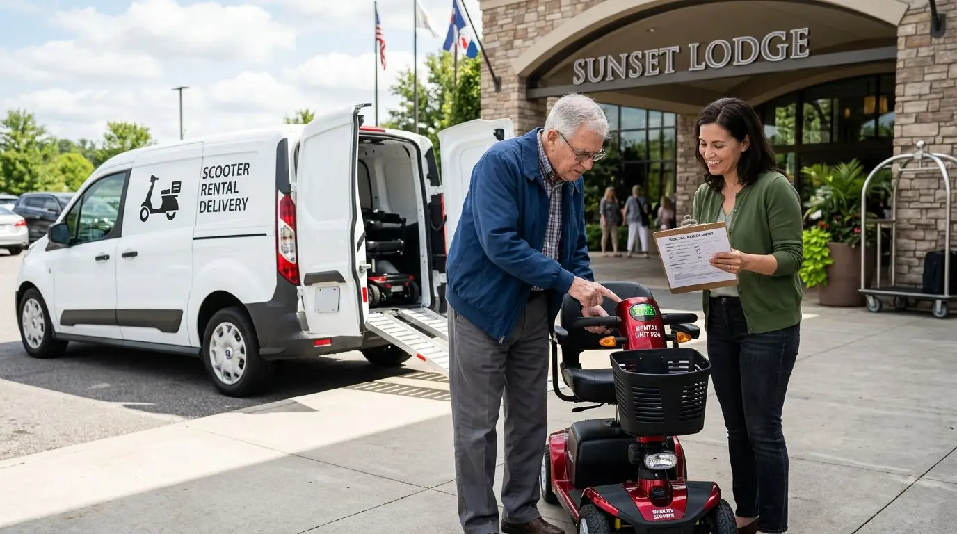 Older adult reviewing a mobility scooter rental checklist during local delivery