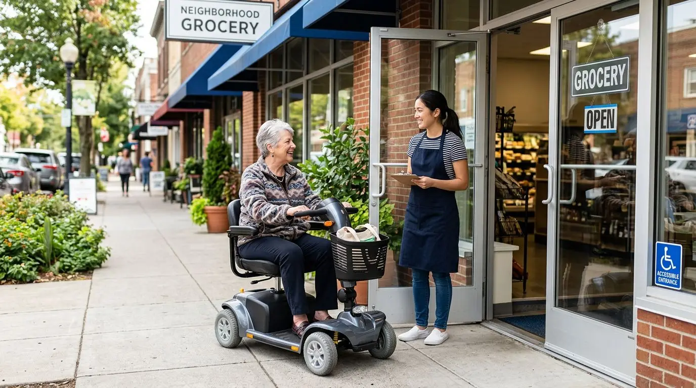 Mobility scooter user calmly discussing access at a business entrance