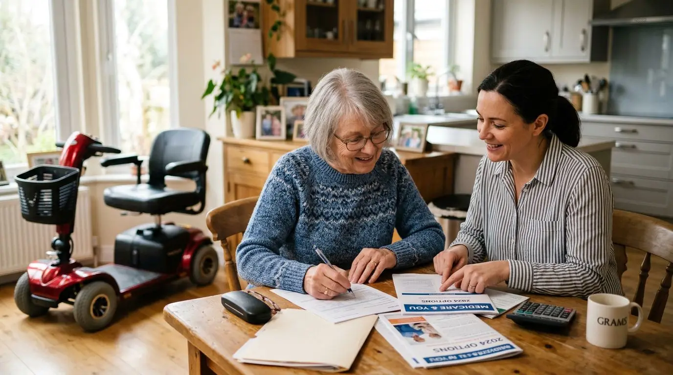 Older adult reviewing Medicare scooter denial paperwork beside a mobility scooter