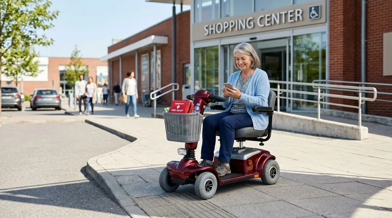 Older mobility scooter rider safely calling for help after a scooter breakdown near a shopping center sidewalk