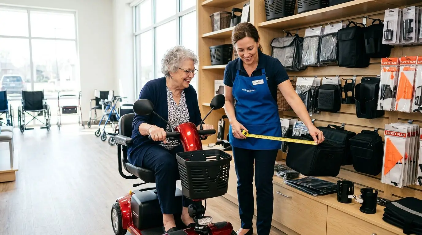 Older adult comparing mobility scooter accessories in a local mobility equipment store