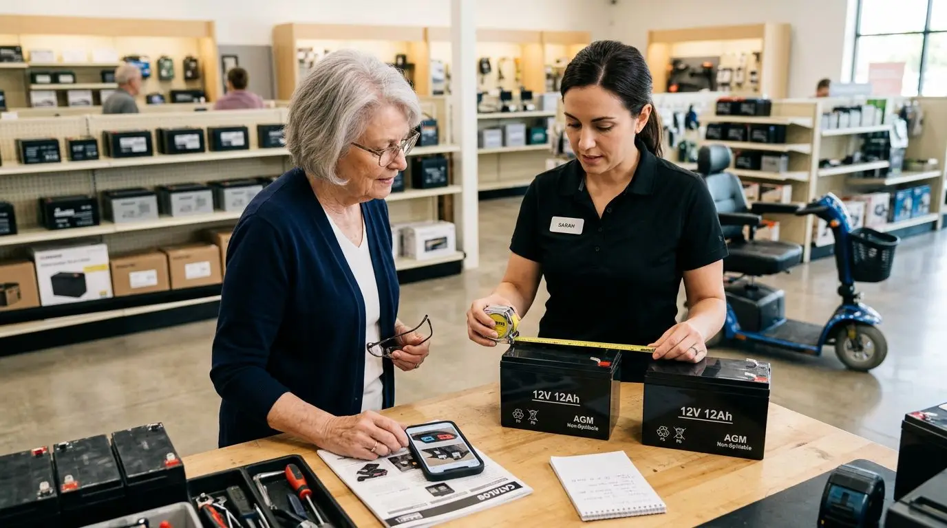 Older adult checking mobility scooter battery size and terminals at a local battery store