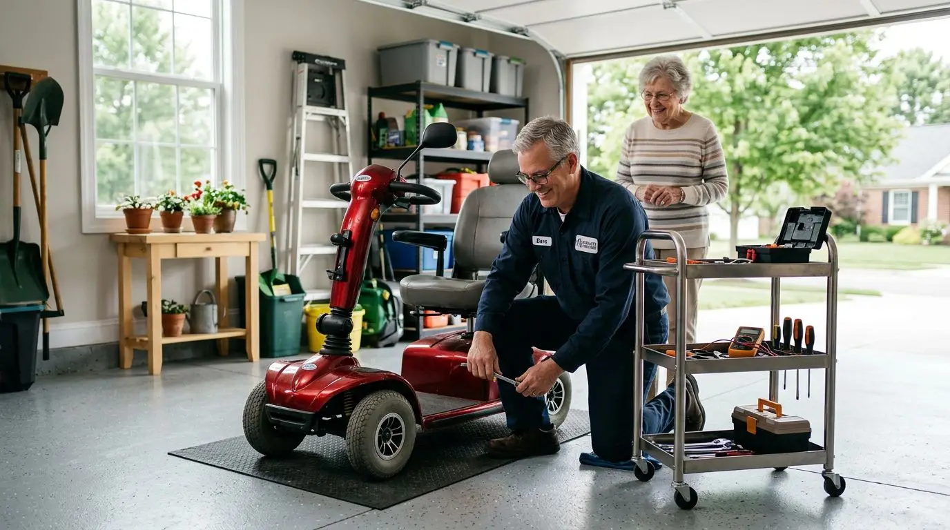 Technician inspecting a mobility scooter for repair in a home garage