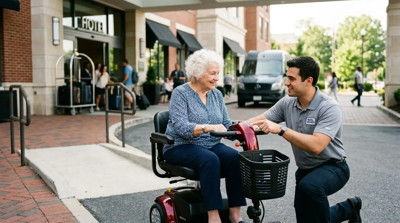 Senior adult receiving a delivered mobility scooter outside a hotel