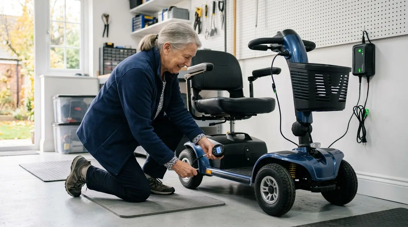 Older adult checking mobility scooter tire pressure near a battery charger