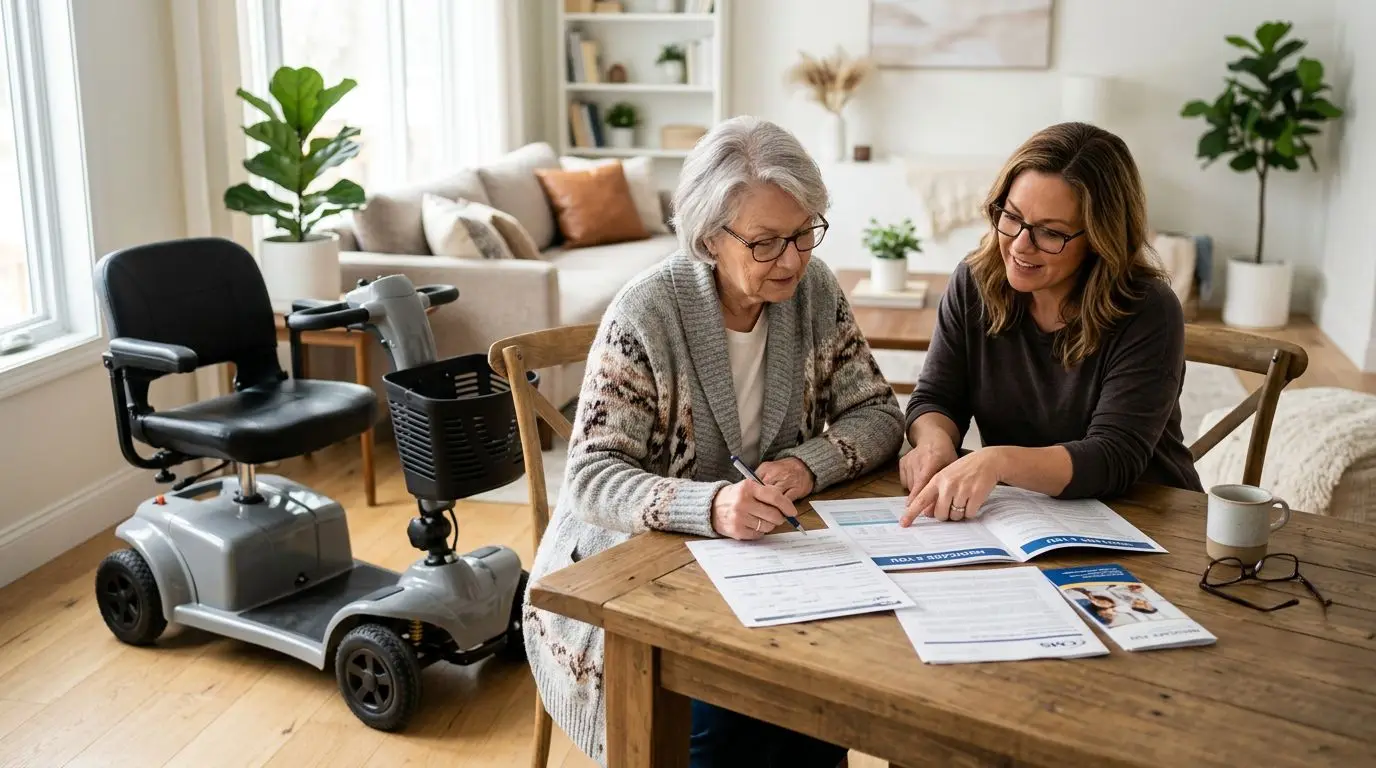 Older adult reviewing Medicare paperwork next to a mobility scooter at home